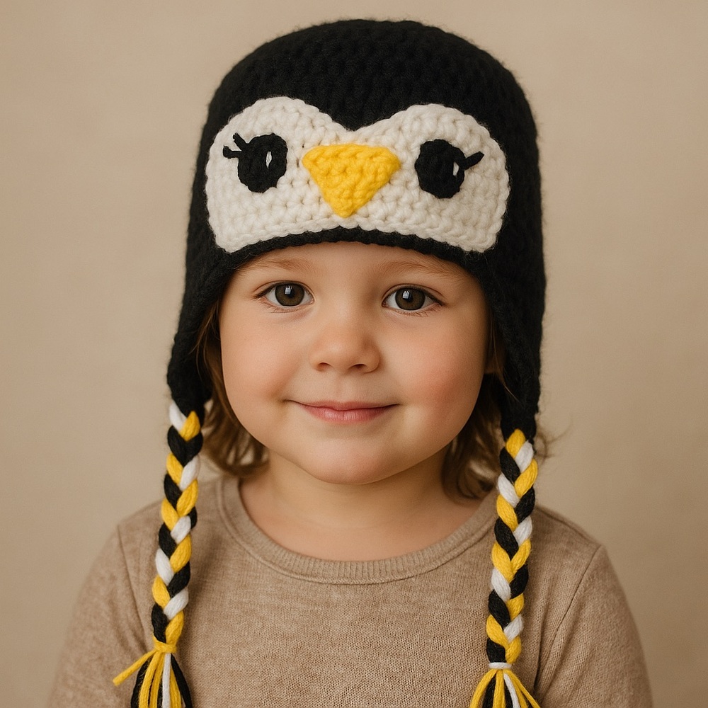 Handmade Crochet Penguin‎ Earflap Hat Baby & Toddler Sizes Holiday Gift